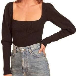 Reformation Piazza Cashmere Black Square Neck Ribbed Sweater balloon sleeve S